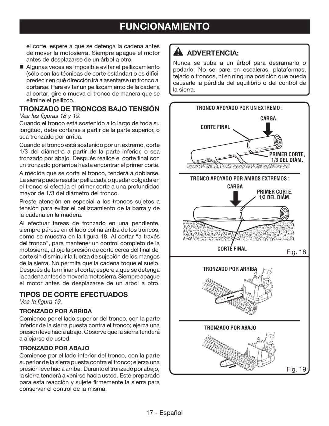 Ryobi P545 manuel dutilisation Tronzado DE Troncos Bajo Tensión, Tipos DE Corte Efectuados, Vea las figuras 18 y 