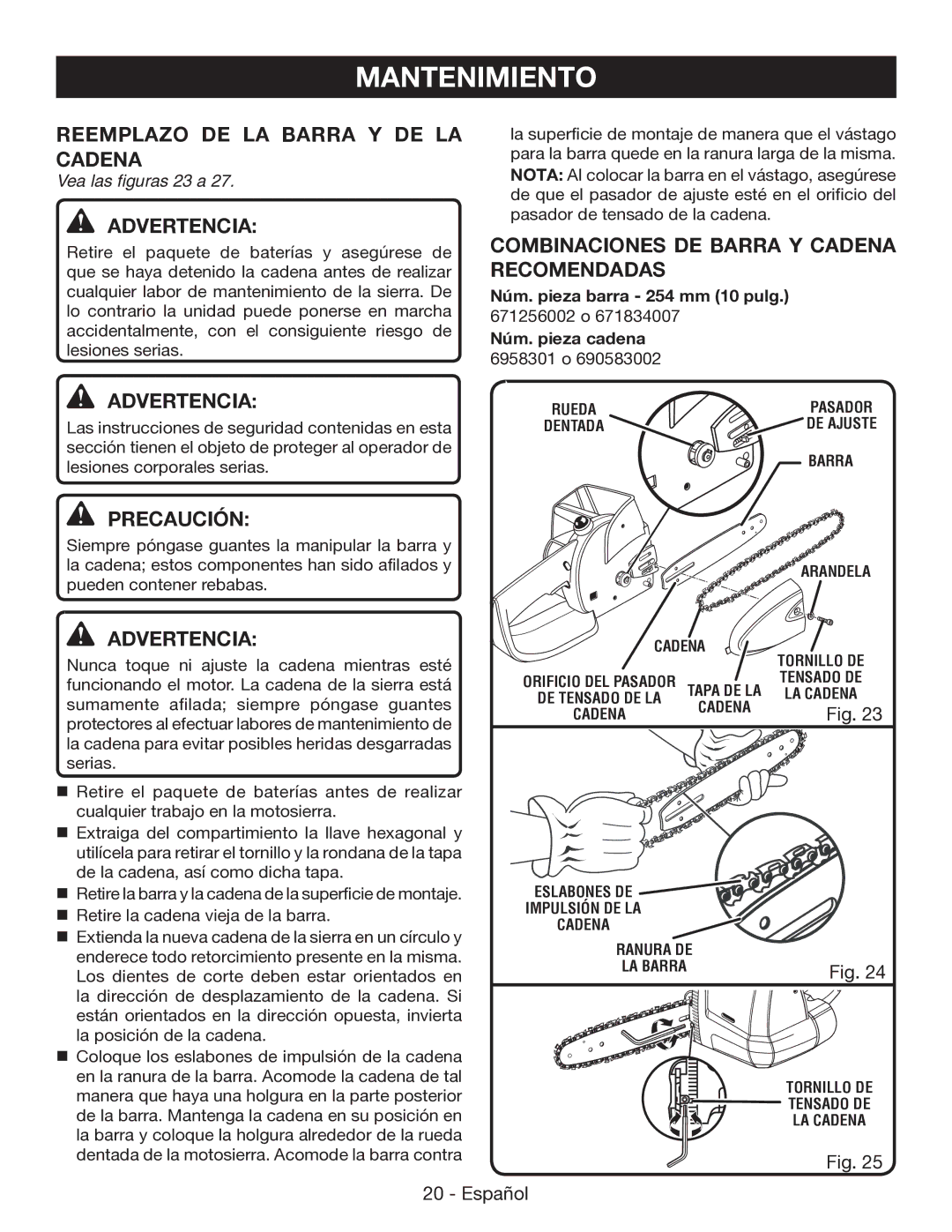 Ryobi P545 Reemplazo DE LA Barra Y DE LA Cadena, Combinaciones DE Barra Y Cadena Recomendadas, Vea las figuras 23 a 