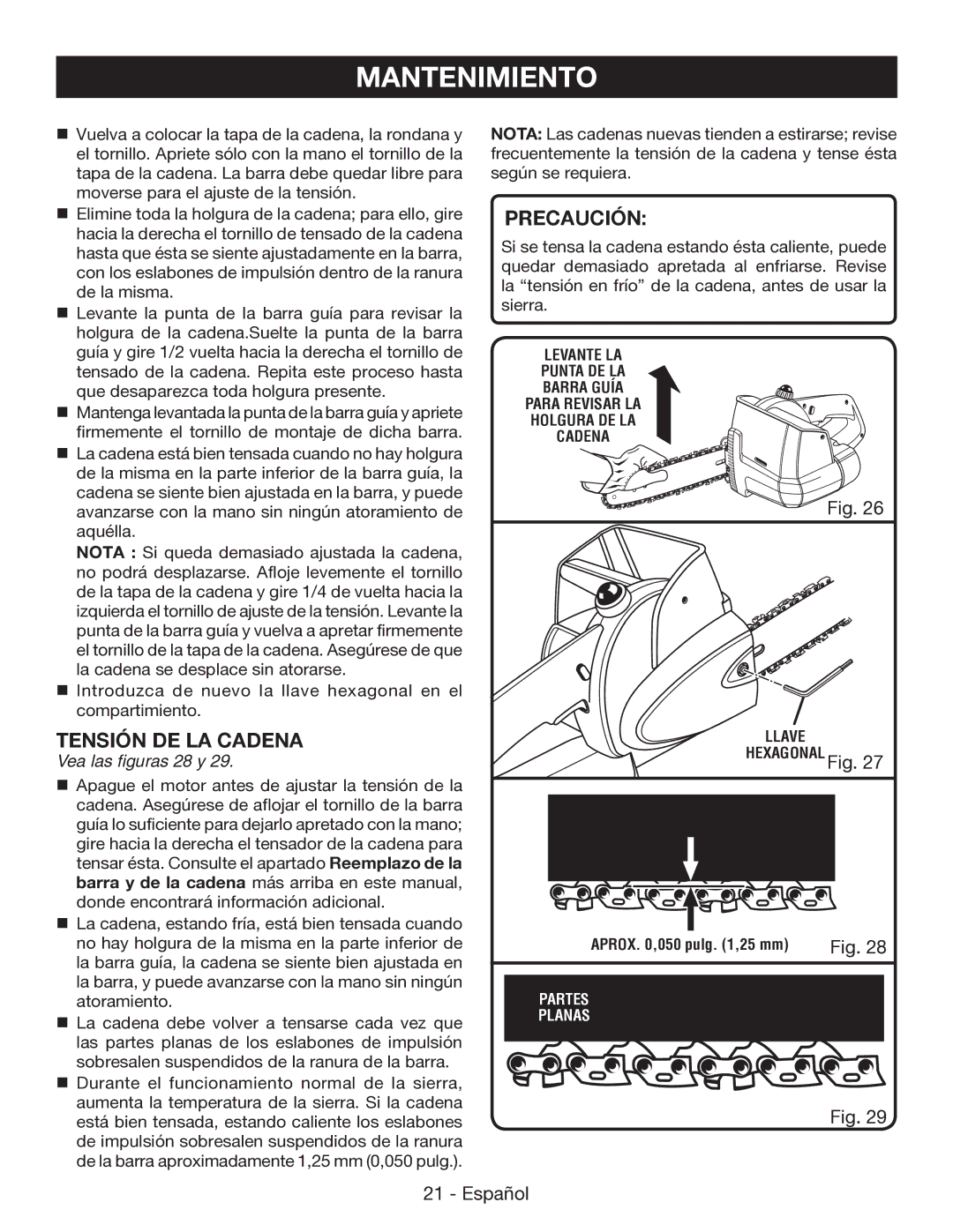 Ryobi P545 manuel dutilisation Tensión DE LA Cadena, Vea las figuras 28 y 