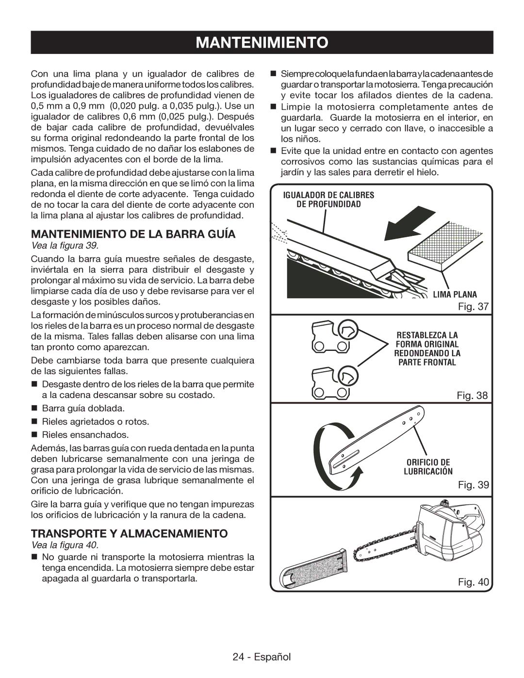 Ryobi P545 manuel dutilisation Mantenimiento DE LA Barra Guía, Transporte Y Almacenamiento 