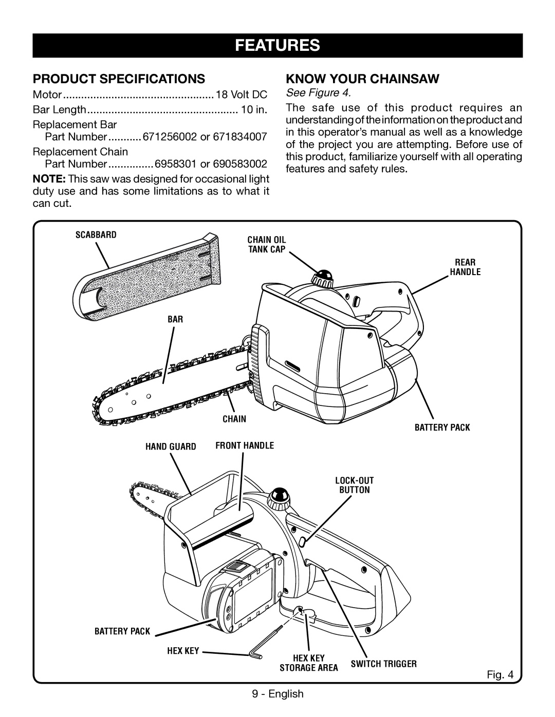 Ryobi P545 manuel dutilisation Features, Product Specifications, Know Your Chainsaw, See Figure 