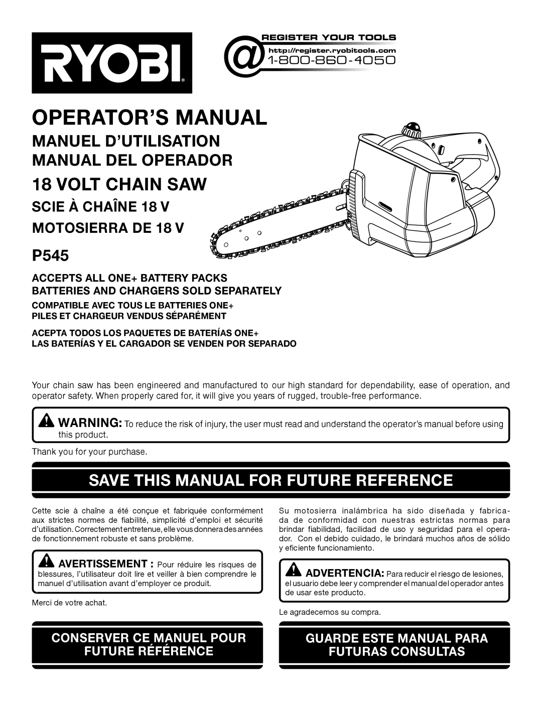 Ryobi P545 manuel dutilisation Volt Chain Saw, Save This Manual For Future Reference, SCIE À CHAÎNE 18 MOTOSIERRA DE 18 