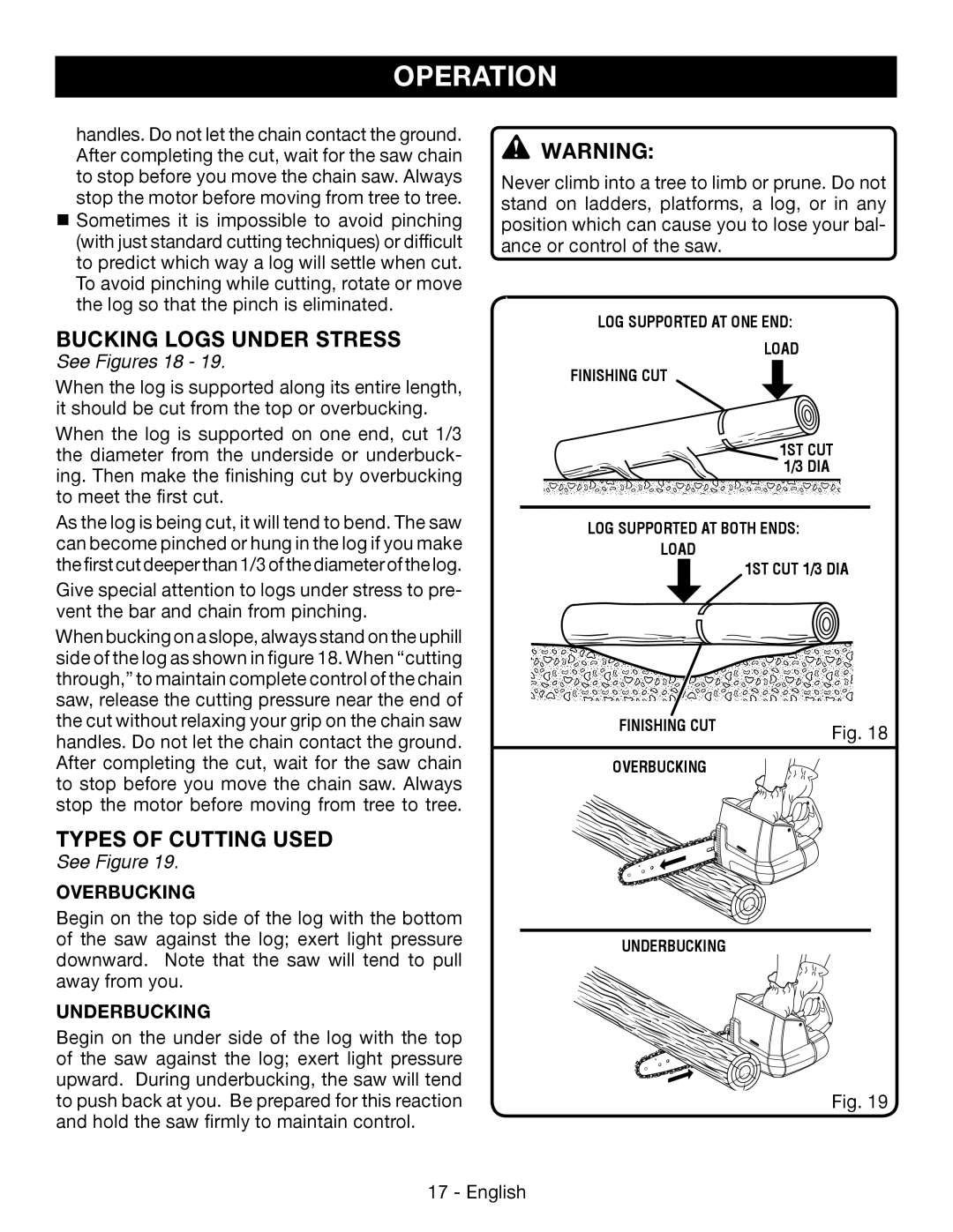 Ryobi P545 Bucking Logs Under Stress, Types Of Cutting Used, See Figures 18, Overbucking, Underbucking, Operation 