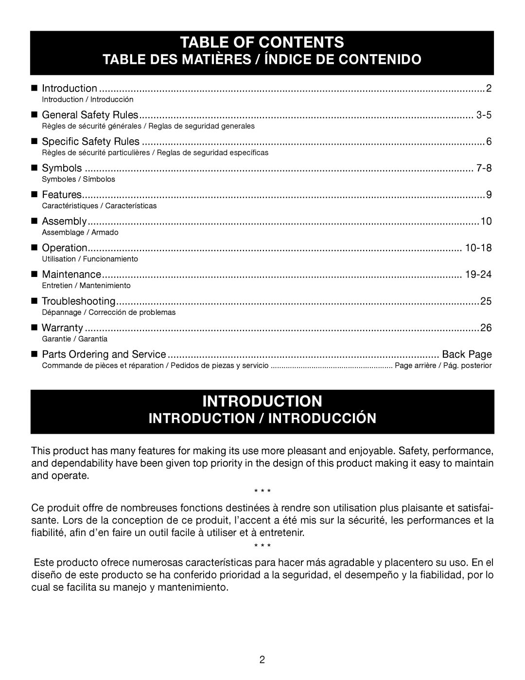 Ryobi P545 manuel dutilisation Table Of Contents, Table Des Matières / Índice De Contenido, Introduction / Introducción 