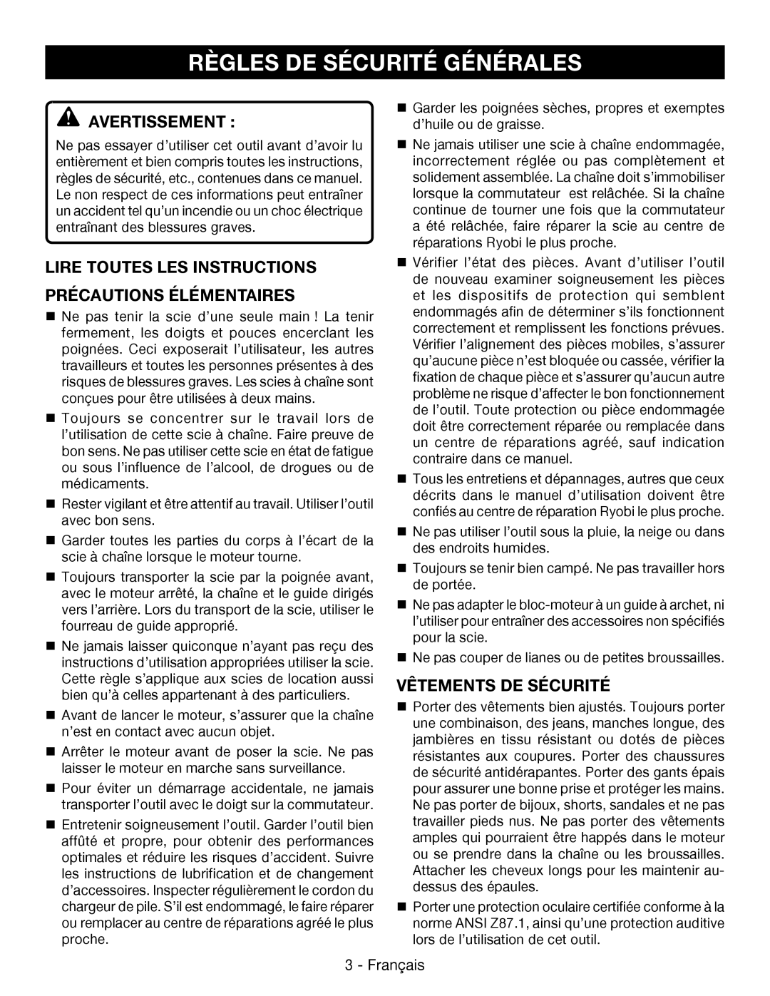Ryobi P545 manuel dutilisation Règles De Sécurité Générales, Avertissement , Vêtements De Sécurité 