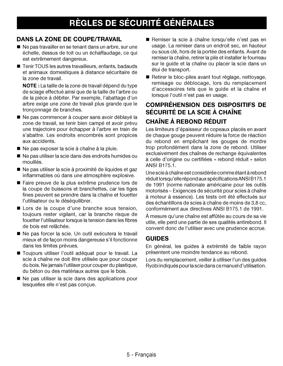 Ryobi P545 Dans La Zone De Coupe/Travail, Chaîne À Rebond Réduit, Guides, Règles De Sécurité Générales, Français 