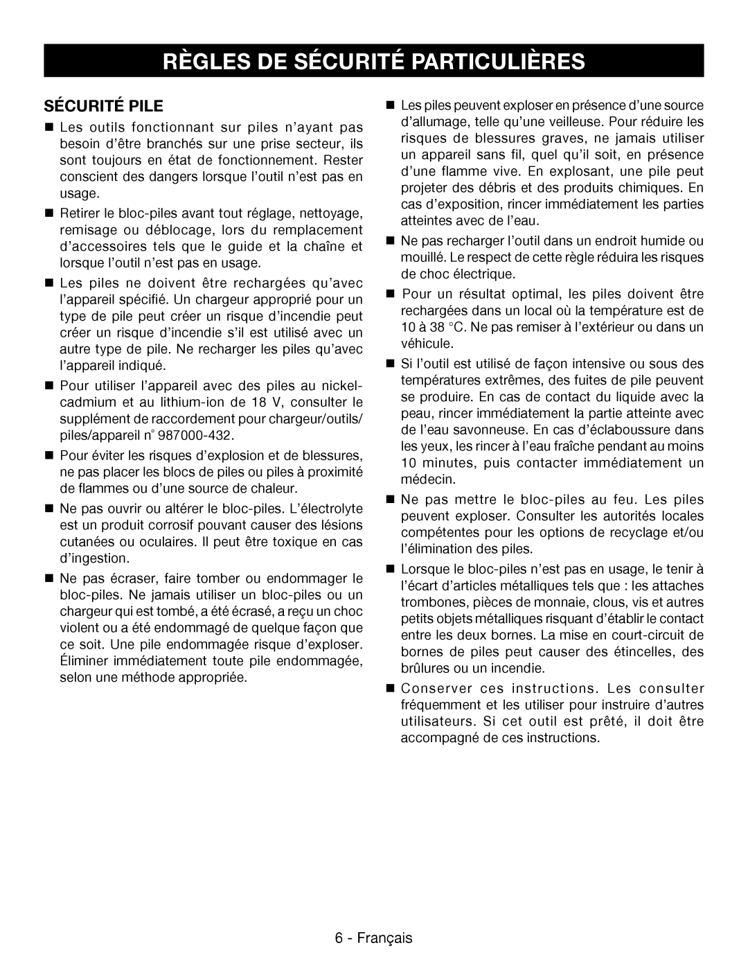 Ryobi P545 manuel dutilisation Règles De Sécurité Particulières, Sécurité Pile 