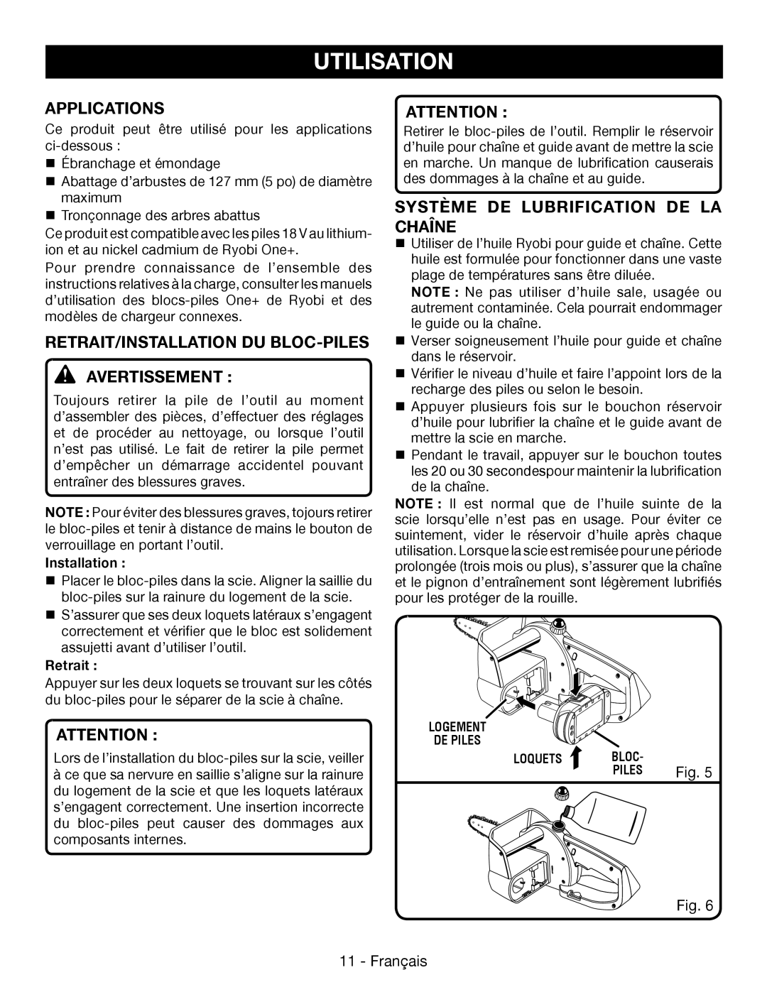 Ryobi P545 Applications, Retrait/Installation Du Bloc-Piles Avertissement, Système De Lubrification De La Chaîne, Fig 