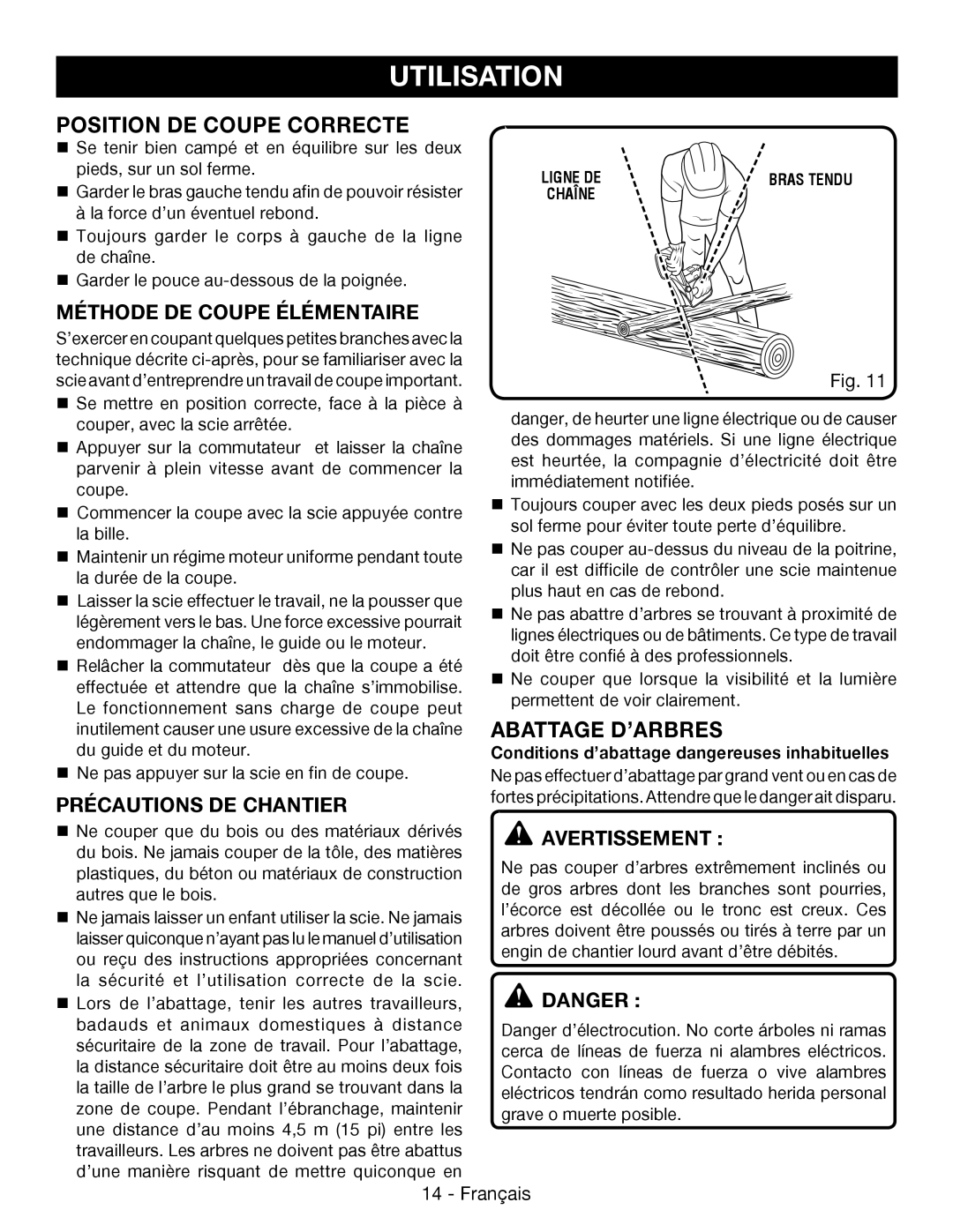 Ryobi P545 Position De Coupe Correcte, Abattage D’Arbres, Méthode De Coupe Élémentaire, Précautions De Chantier, Danger 
