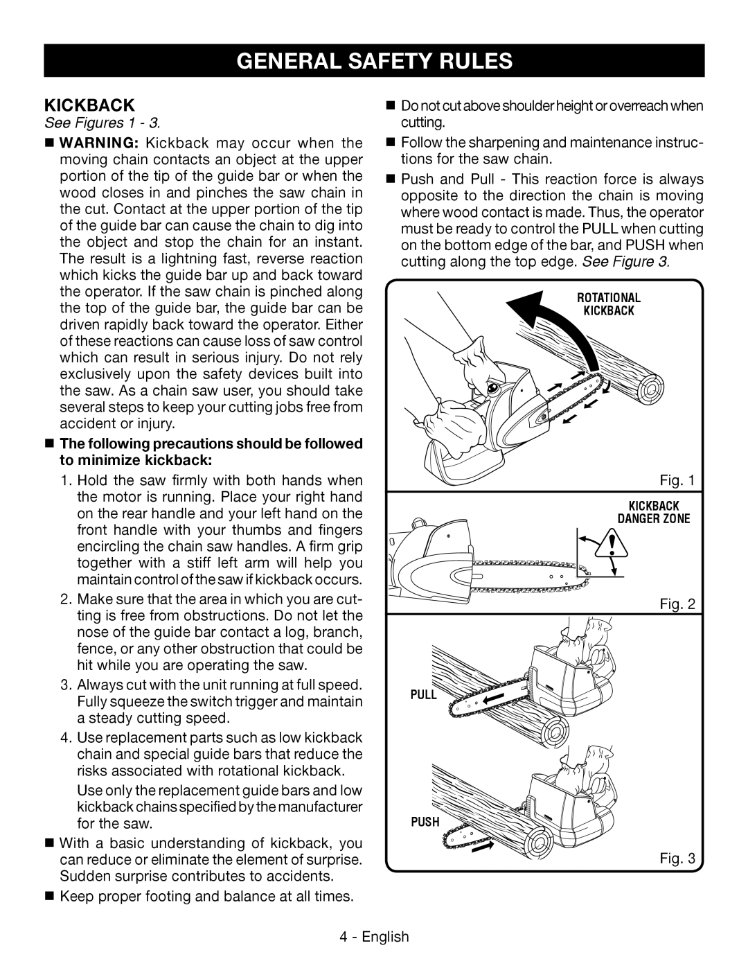 Ryobi P545 manuel dutilisation Kickback, See Figures, General Safety Rules 
