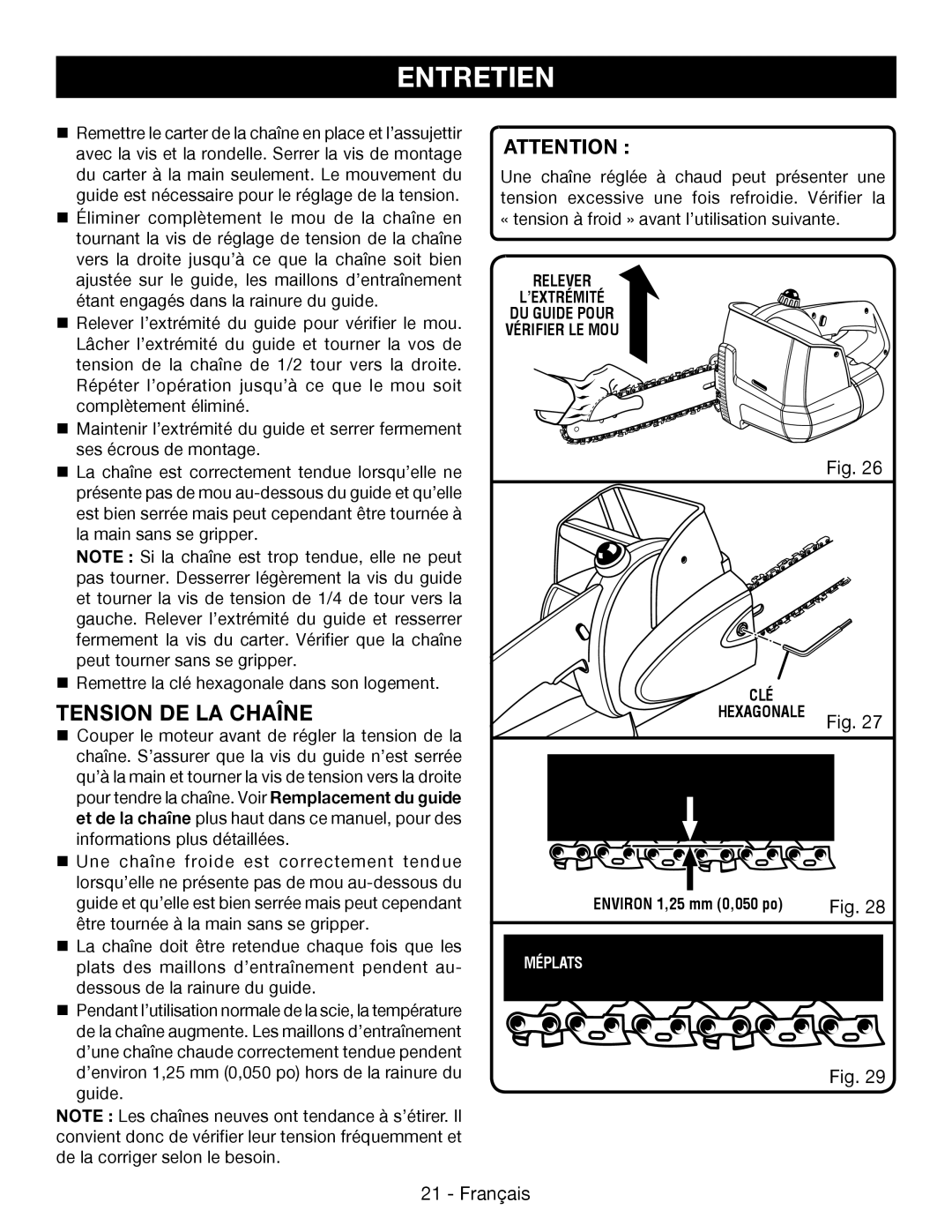 Ryobi P545 manuel dutilisation Tension De La Chaîne, Entretien, Attention , Fig, Français 