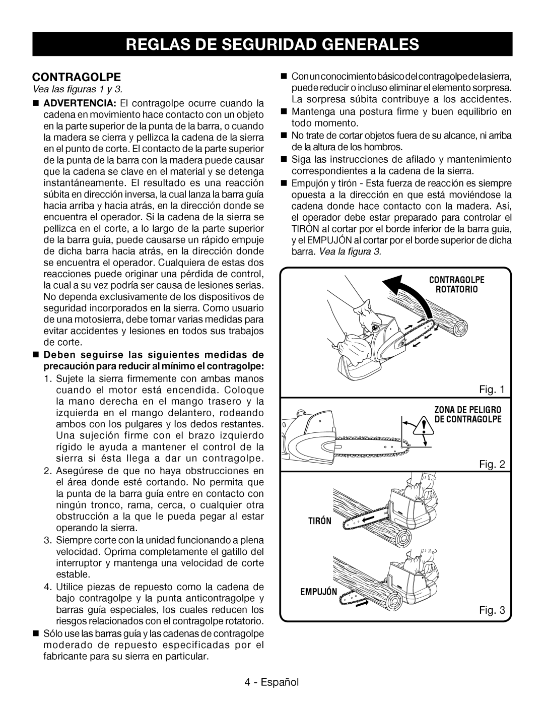 Ryobi P545 manuel dutilisation Contragolpe, Reglas De Seguridad Generales, Fig, Español, Vea las figuras 1 y 