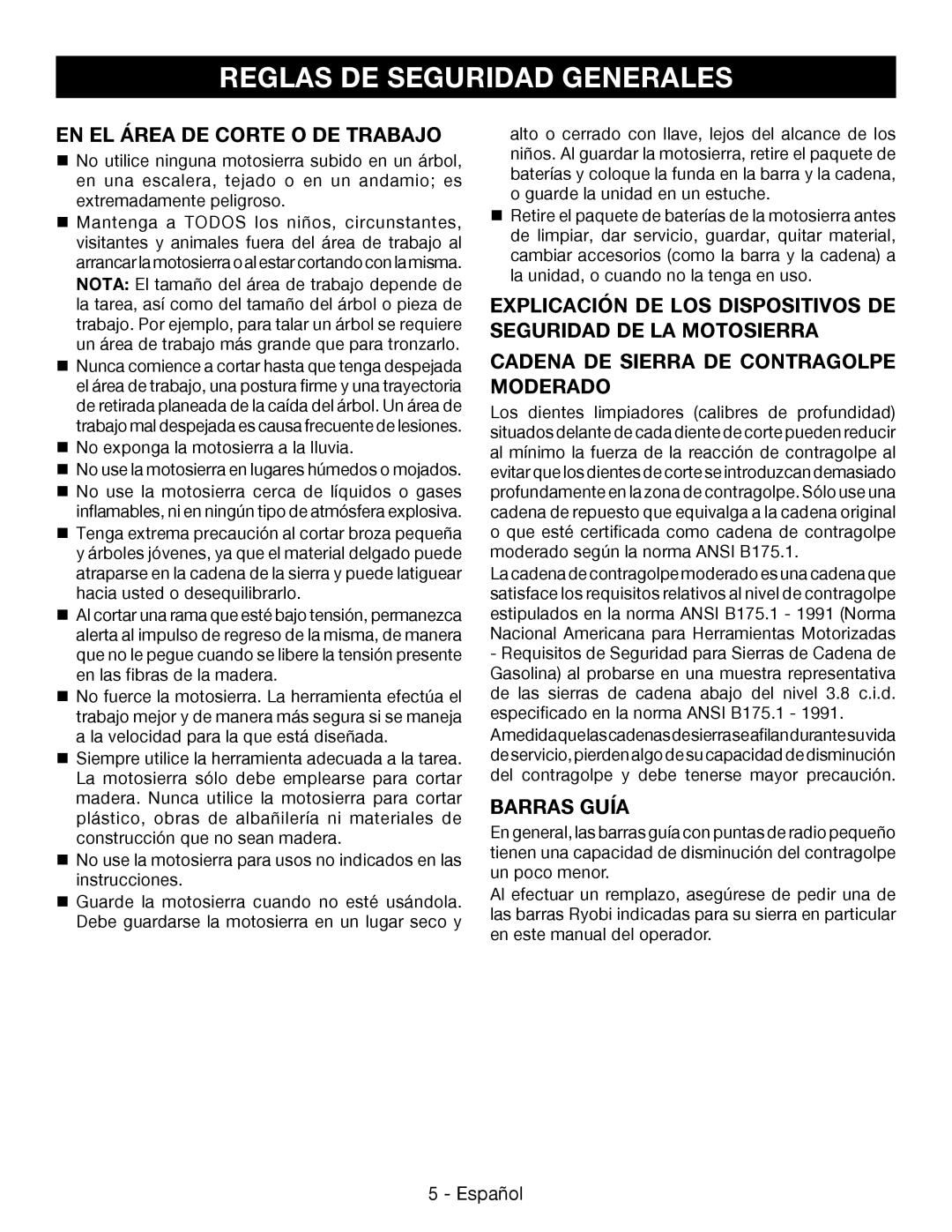 Ryobi P545 En El Área De Corte O De Trabajo, Cadena De Sierra De Contragolpe Moderado, Barras Guía, Español 