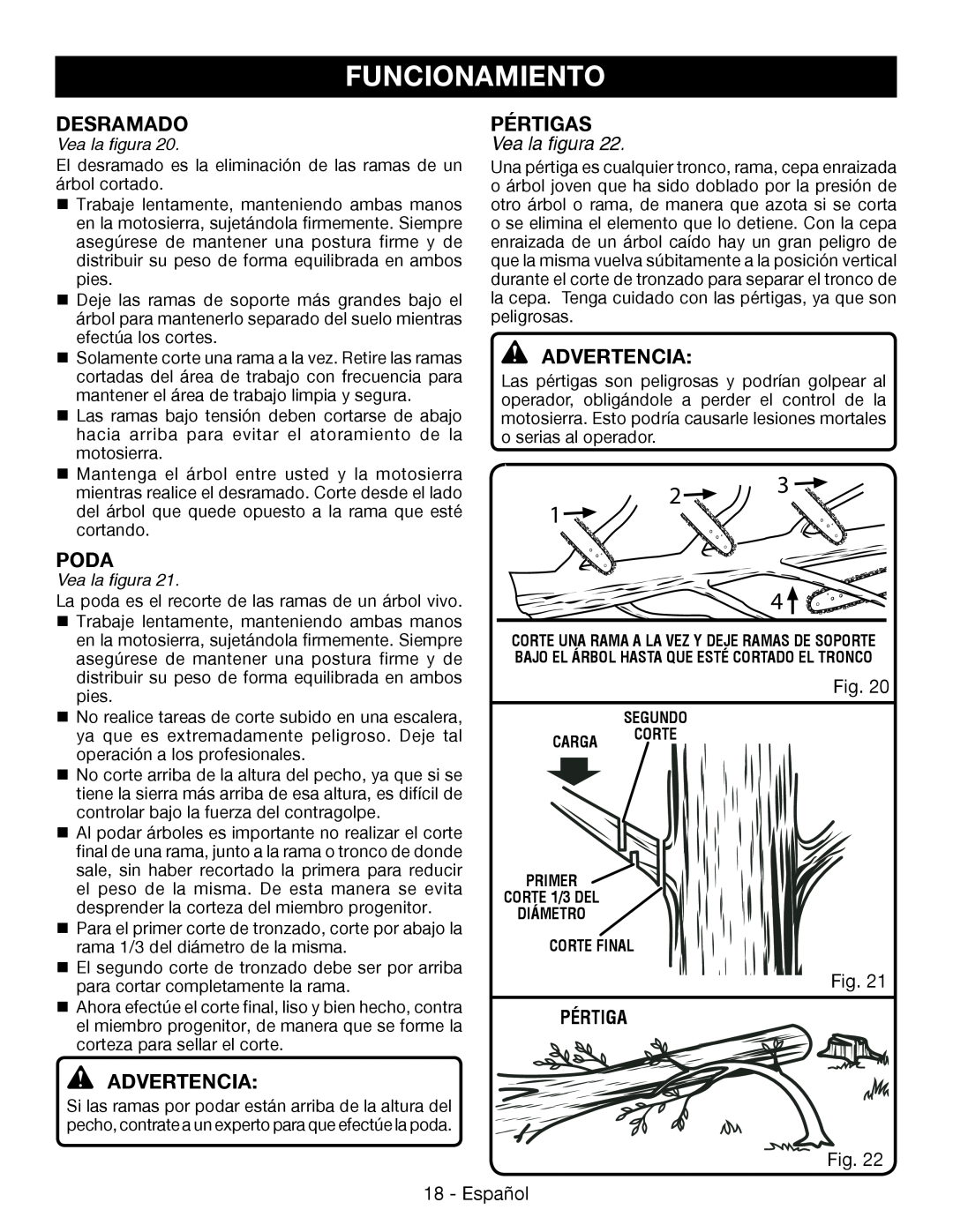 Ryobi P545 manuel dutilisation Desramado, Pértigas, Poda, Funcionamiento, Advertencia, Vea la figura 