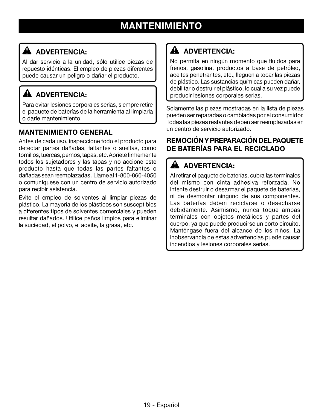 Ryobi P545 manuel dutilisation Mantenimiento General, Advertencia 