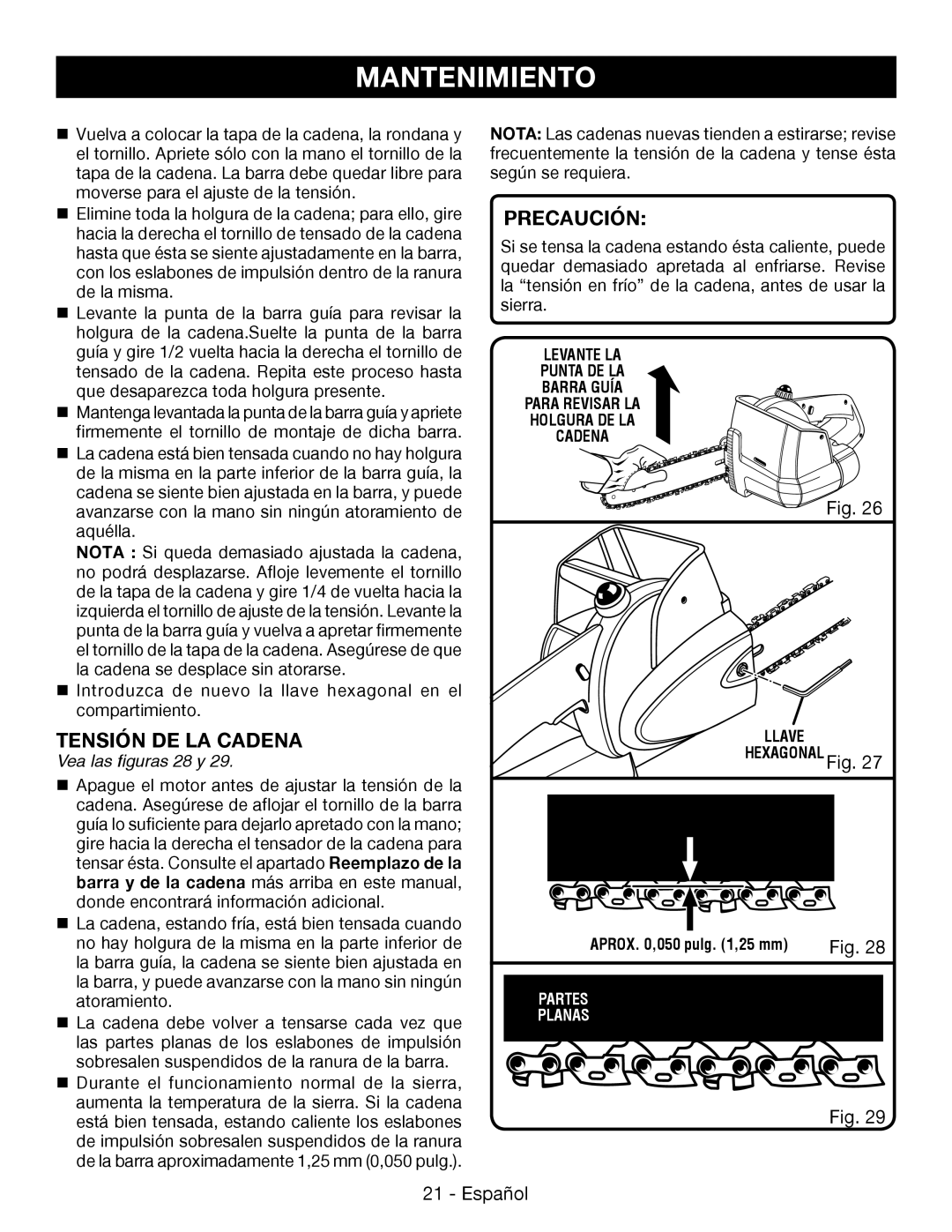 Ryobi P545 manuel dutilisation Tensión De La Cadena, Mantenimiento, Precaución, Fig, Vea las figuras 28 y 