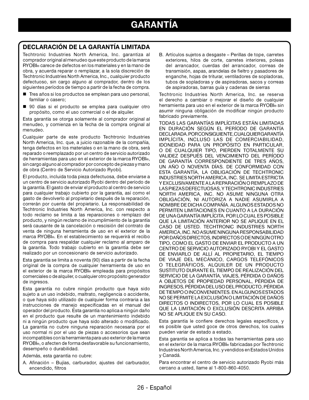 Ryobi P545 manuel dutilisation Declaración De La Garantía Limitada 