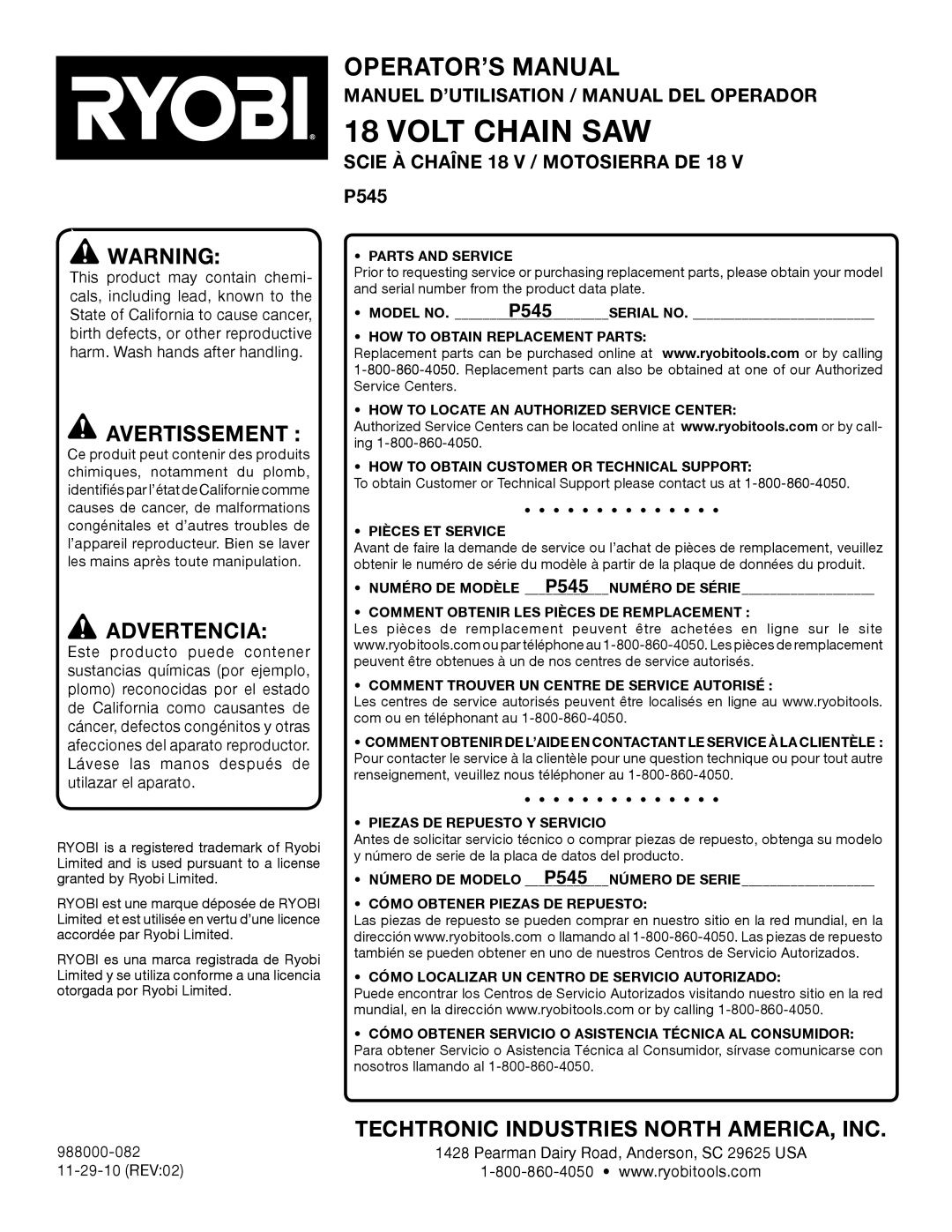 Ryobi P545 Operator’S Manual, Avertissement , Advertencia, Techtronic Industries North America, Inc, Volt Chain Saw 