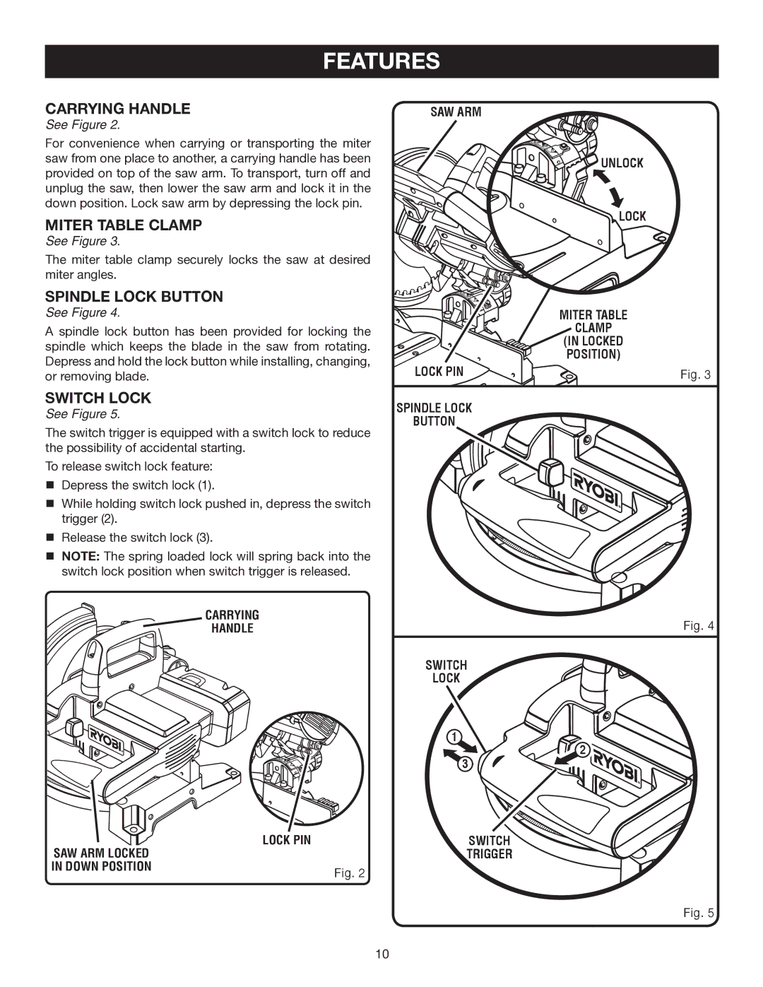 Ryobi P550 manual Carrying Handle, Miter Table Clamp, Spindle Lock Button, Switch Lock 