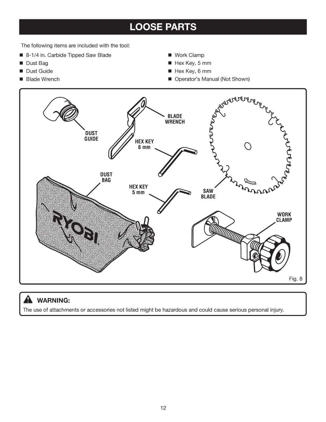 Ryobi P550 manual Loose Parts, Work Clamp 