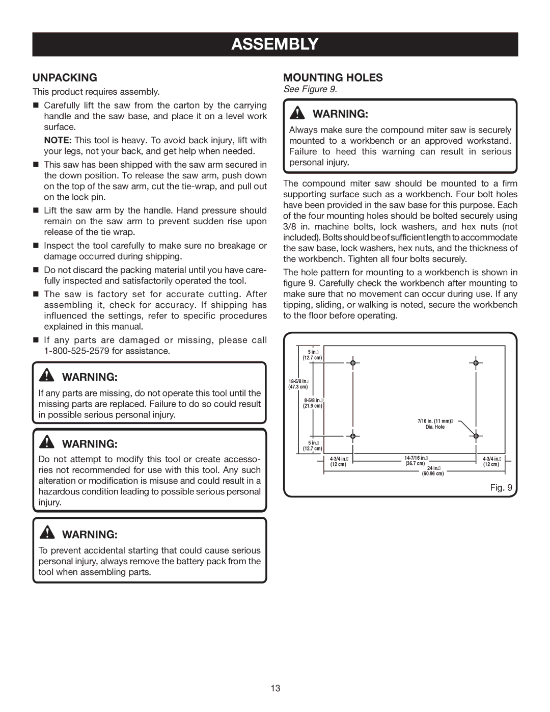 Ryobi P550 manual Assembly, Unpacking, Mounting Holes 