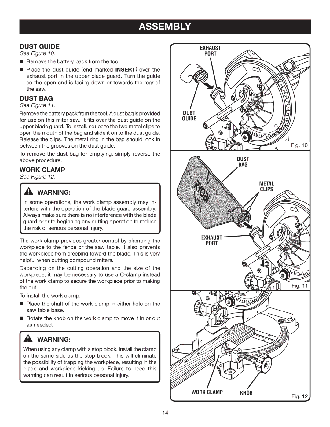 Ryobi P550 manual Dust Guide, Dust BAG, Work Clamp 