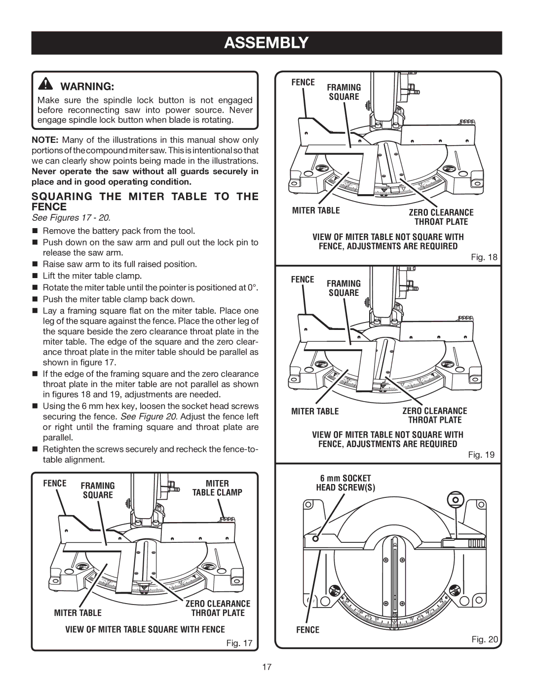 Ryobi P550 manual Squaring the Miter Table to the Fence, See Figures 17 