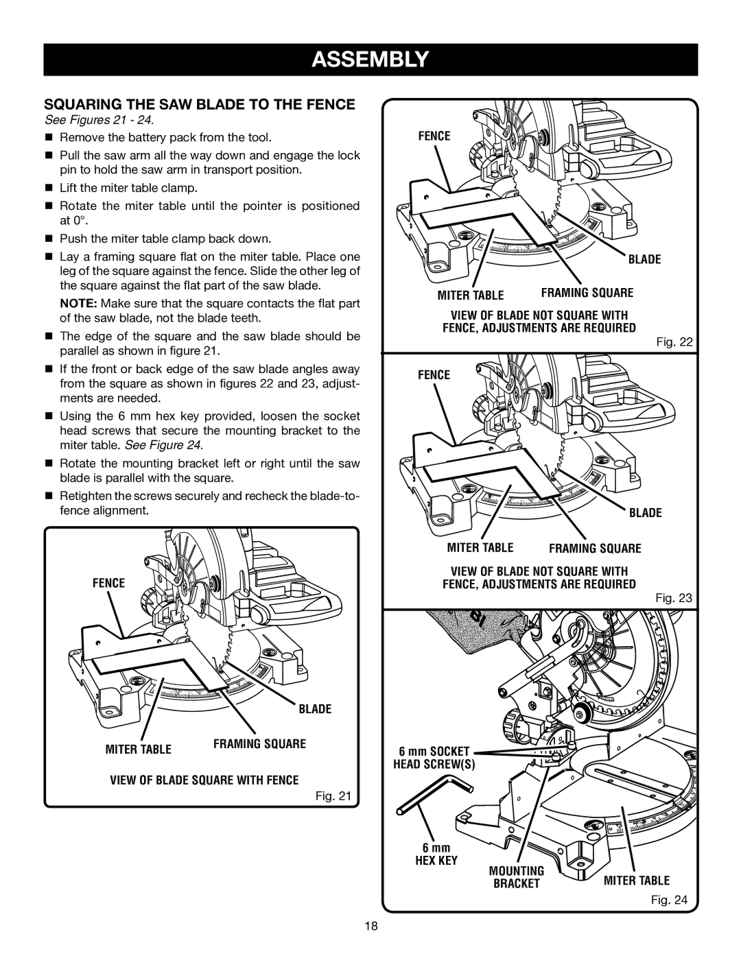 Ryobi P550 manual Squaring the SAW Blade to the Fence, See Figures 21 