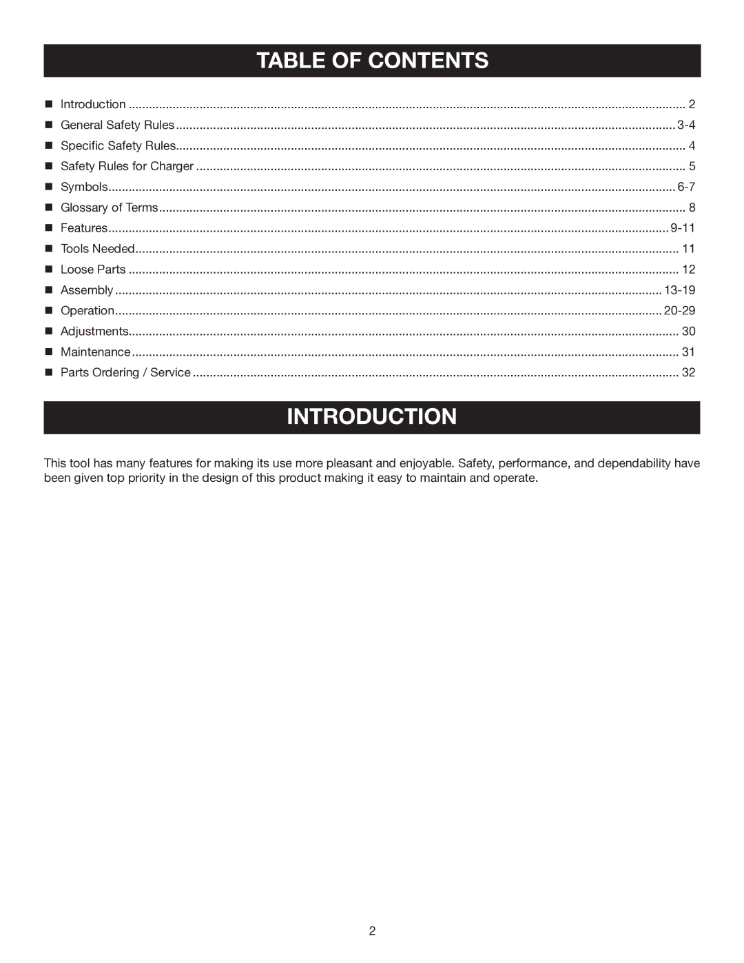 Ryobi P550 manual Introduction, Table of Contents 