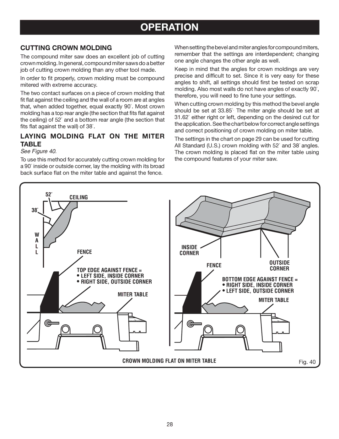 Ryobi P550 manual Cutting Crown Molding, Laying Molding Flat on the Miter Table 