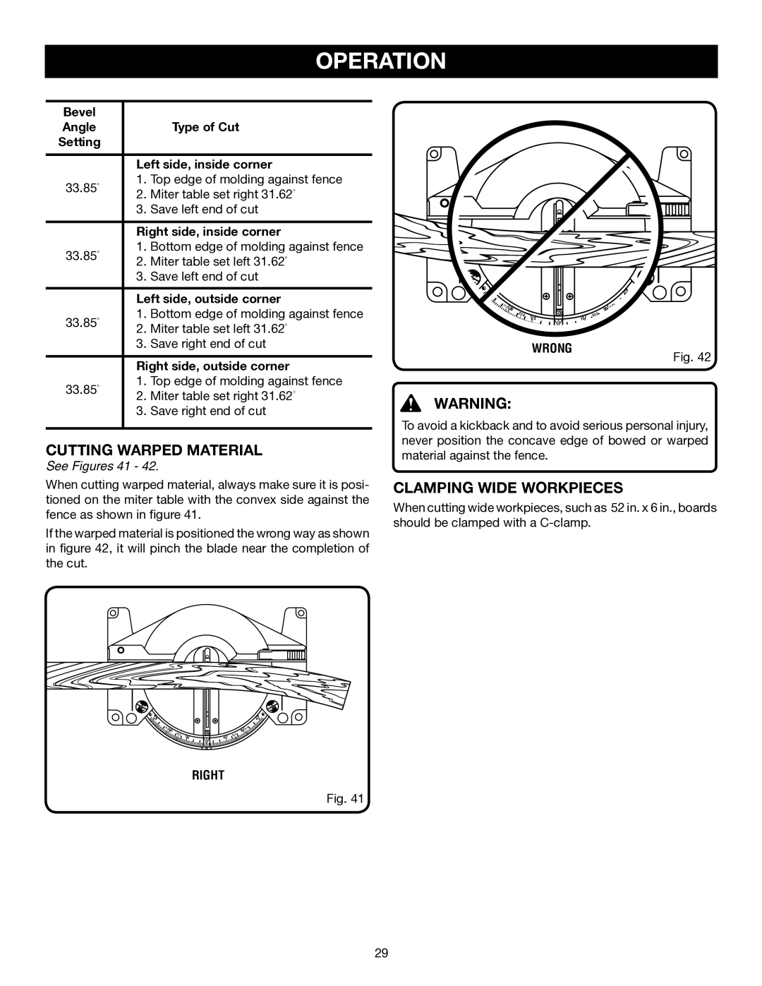 Ryobi P550 manual Cutting Warped Material, Clamping Wide Workpieces, See Figures 41 
