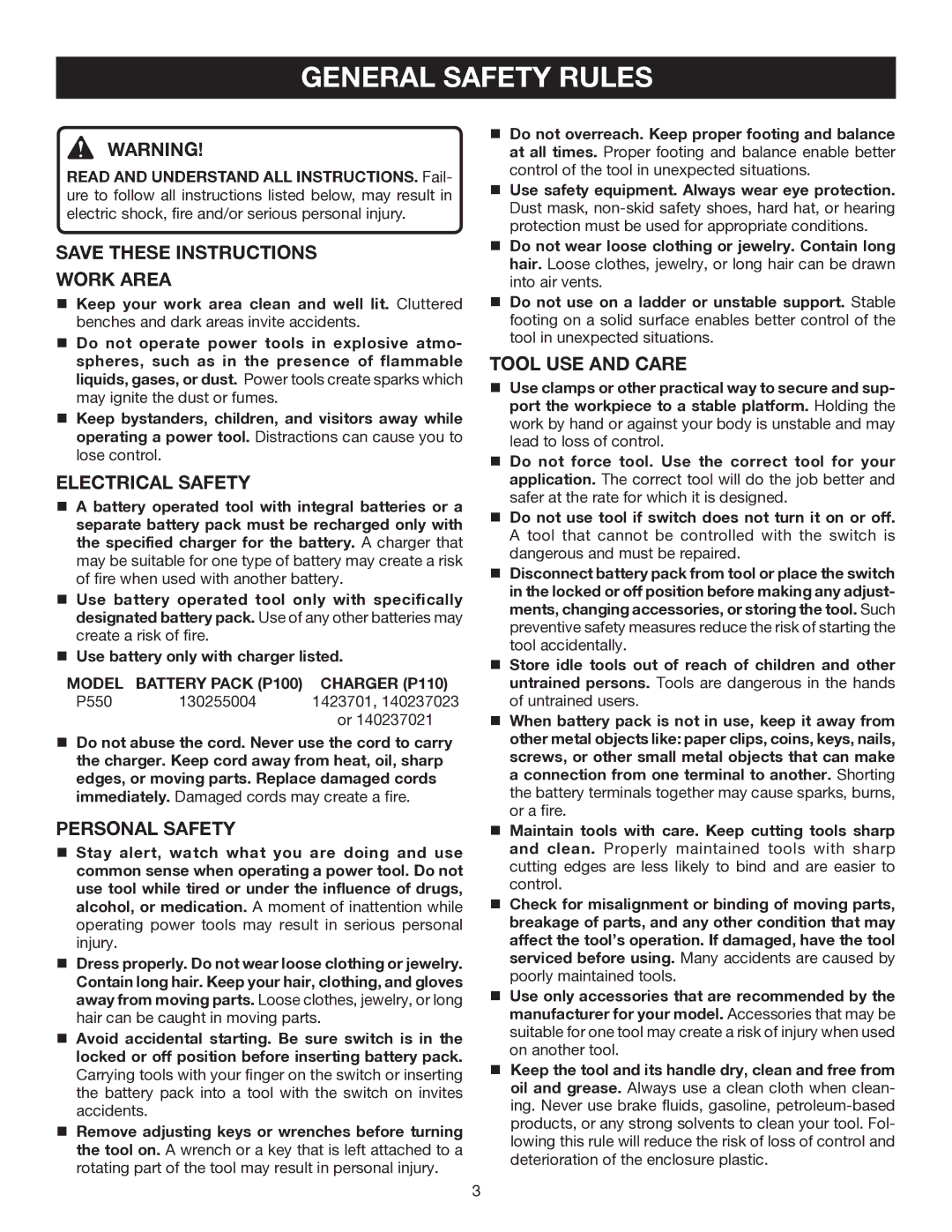 Ryobi P550 manual General Safety Rules, Work Area, Electrical Safety, Personal Safety, Tool USE and Care 