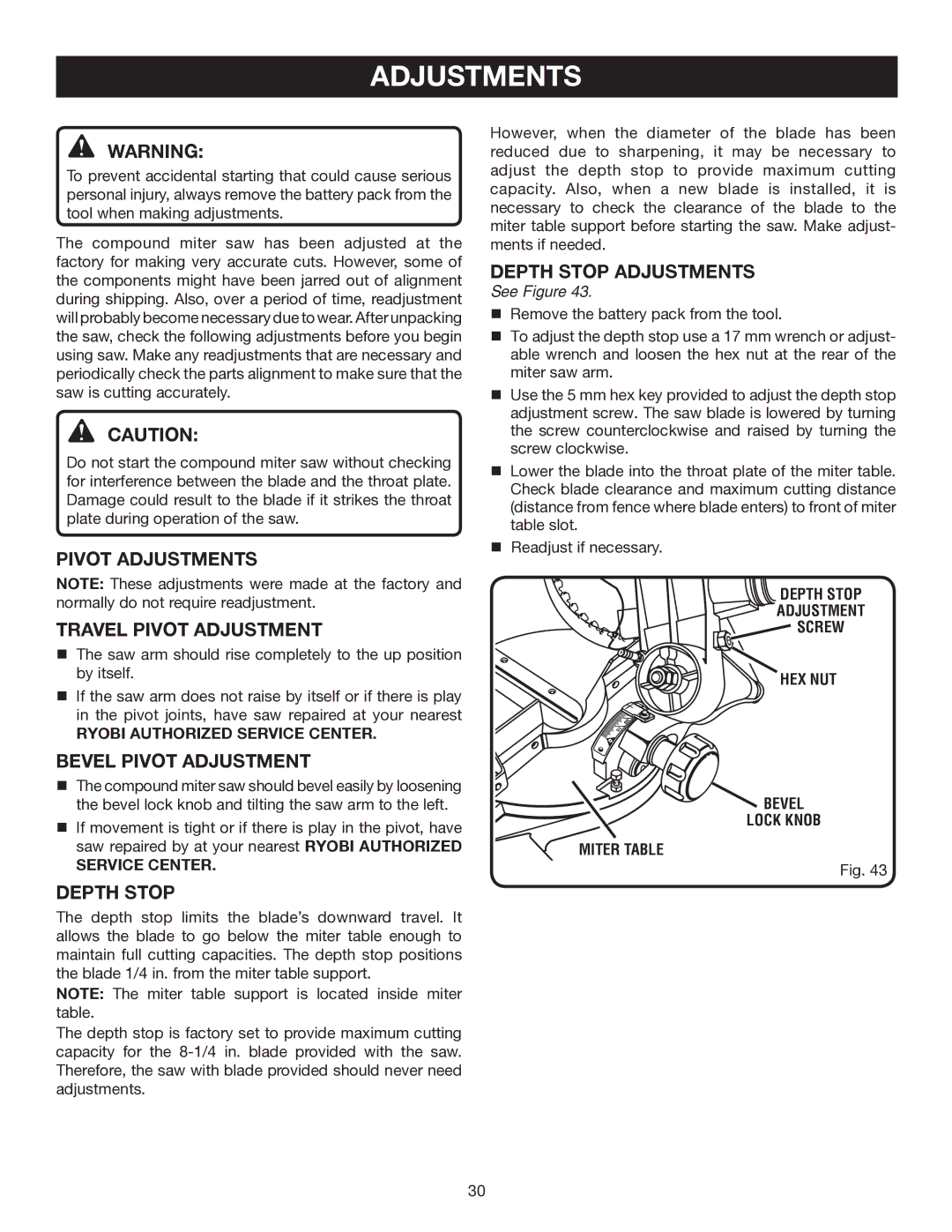 Ryobi P550 manual Pivot Adjustments Travel Pivot Adjustment, Bevel Pivot Adjustment, Depth Stop Adjustments 