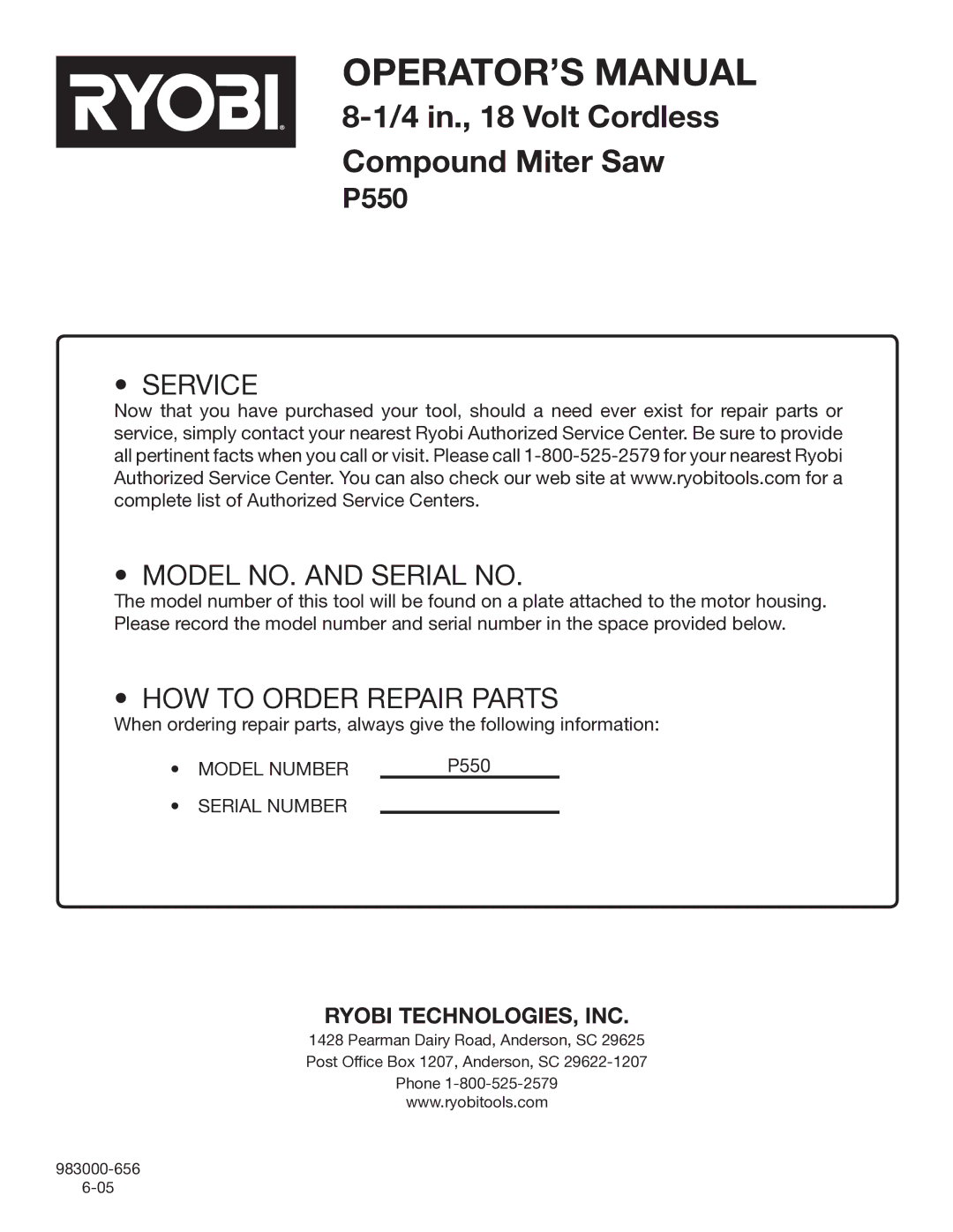 Ryobi P550 manual Service Model NO. and Serial no 