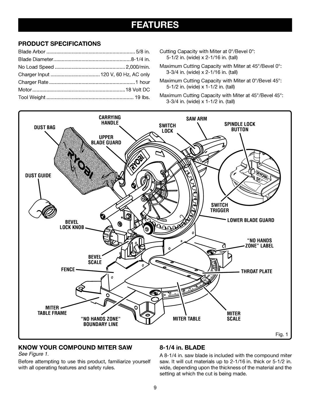 Ryobi P550 manual Features, Product Specifications, Know Your Compound Miter SAW, See Figure 