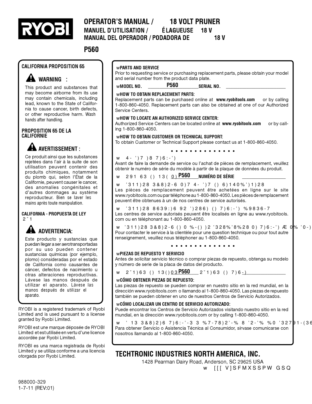 Ryobi P560 manuel dutilisation Avertissement, Advertencia 