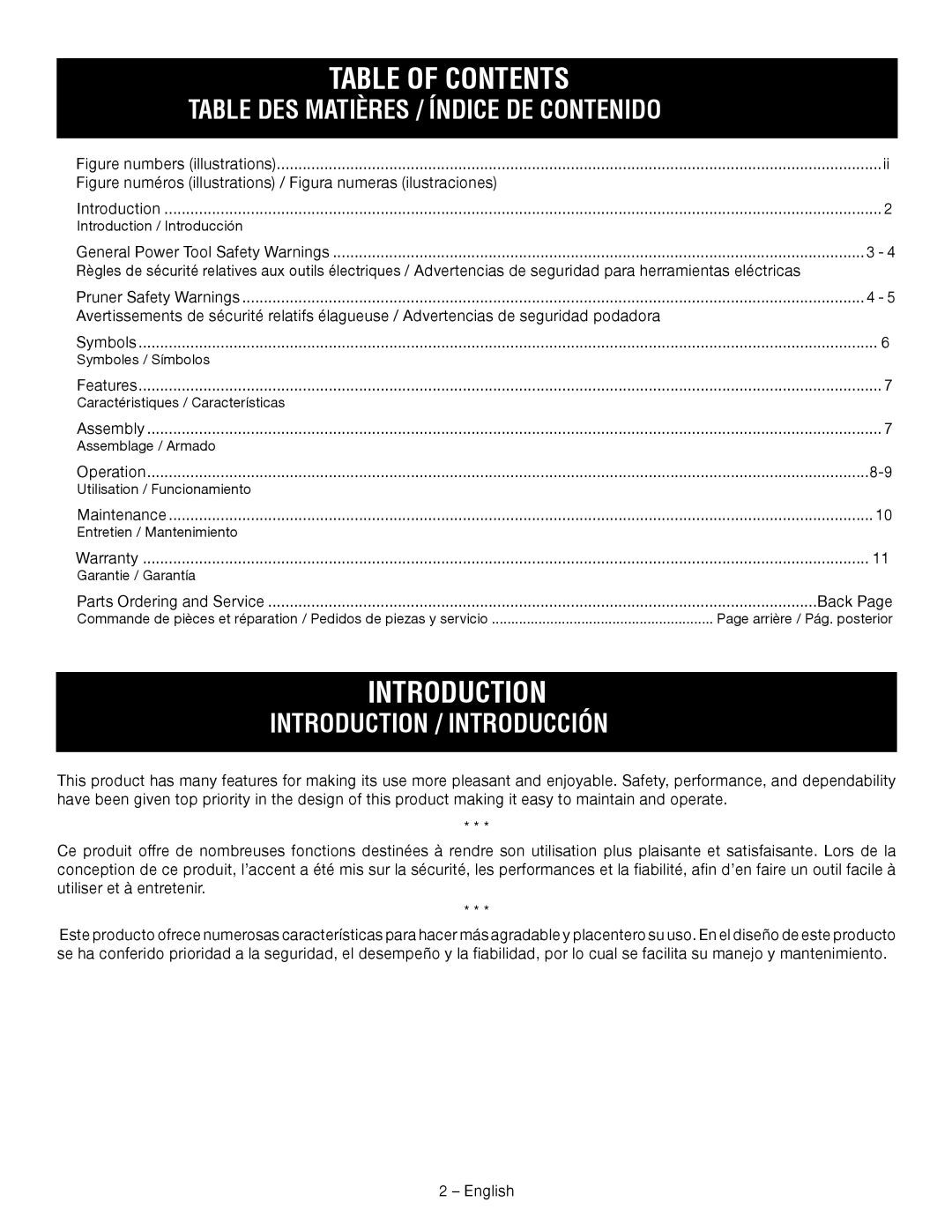 Ryobi P560 manuel dutilisation Table of Contents, Introduction 