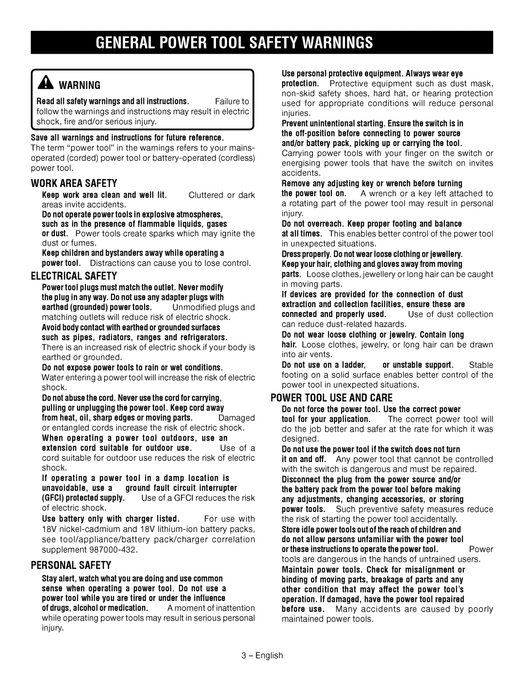 Ryobi P560 manuel dutilisation General Power Tool Safety Warnings, Work Area Safety, Electrical Safety, Personal Safety 