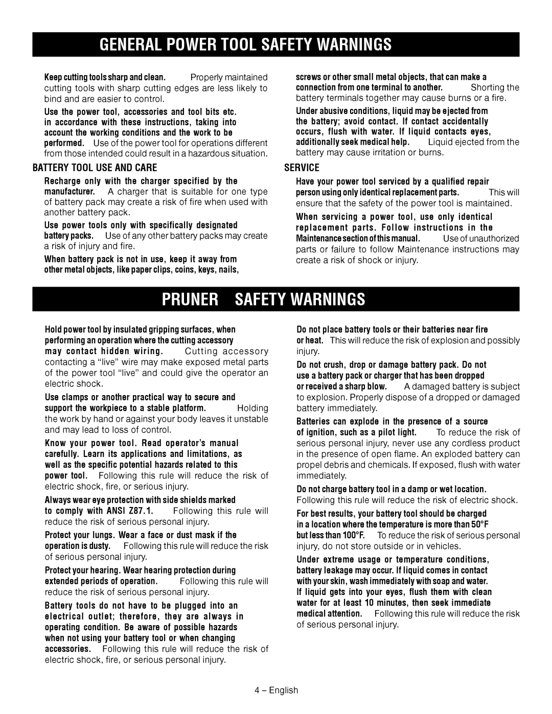 Ryobi P560 manuel dutilisation Pruner Safety Warnings, Battery Tool USE and Care, Service 