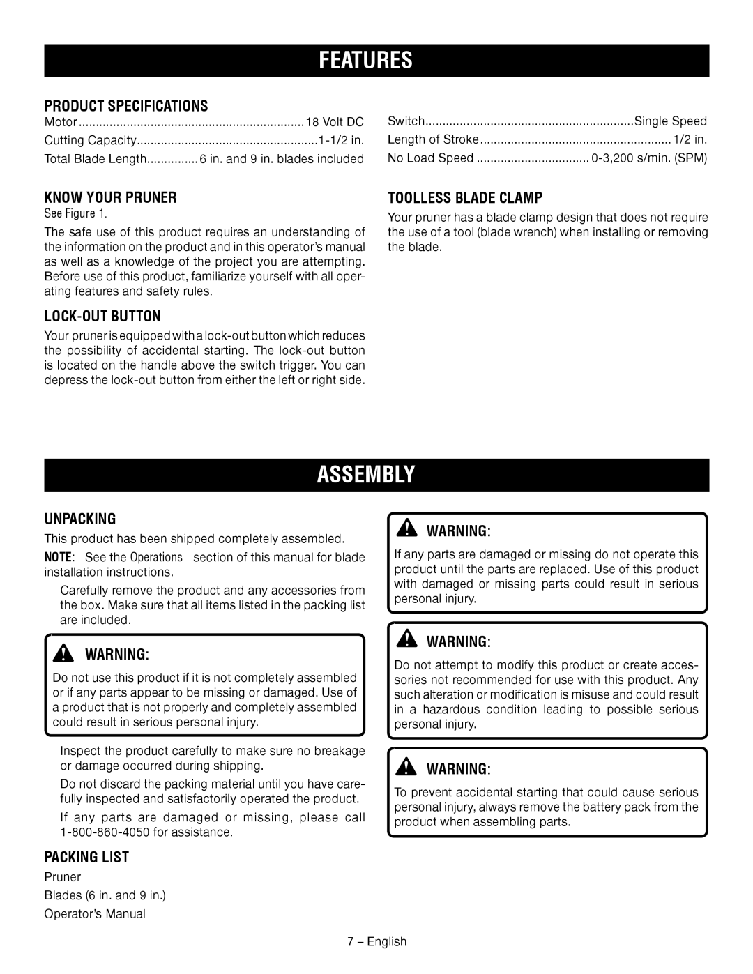 Ryobi P560 manuel dutilisation Features, Assembly 