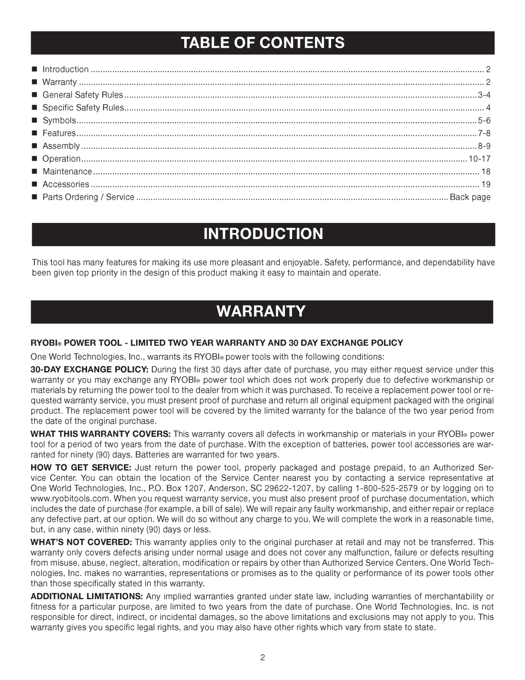 Ryobi P600 manual Introduction, Warranty 