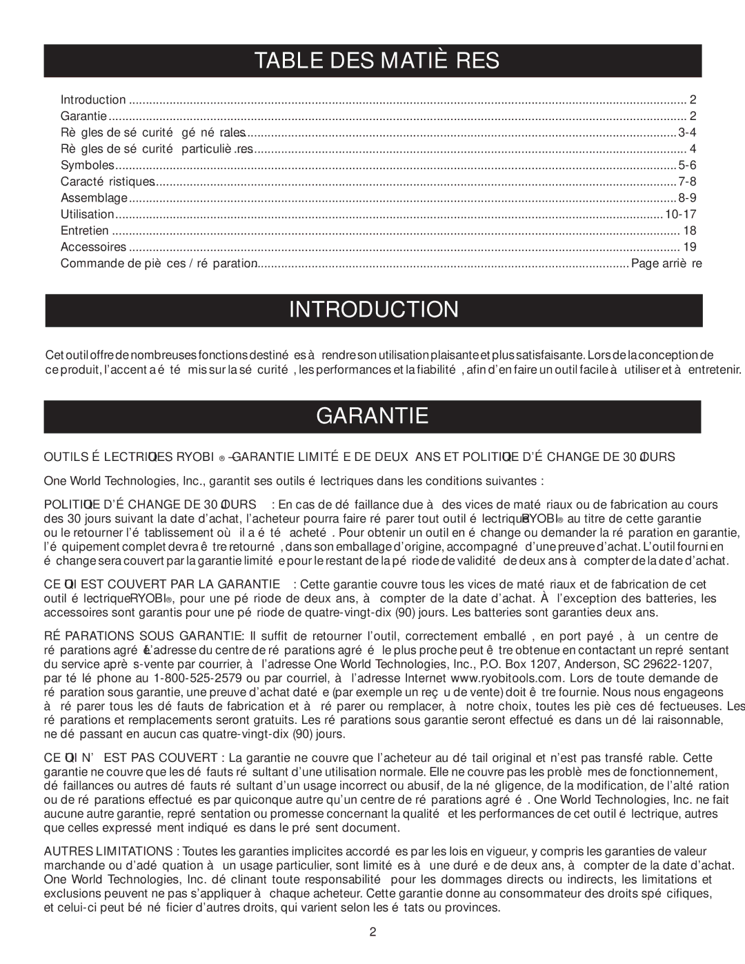 Ryobi P600 manual Garantie, Table DES Matières 