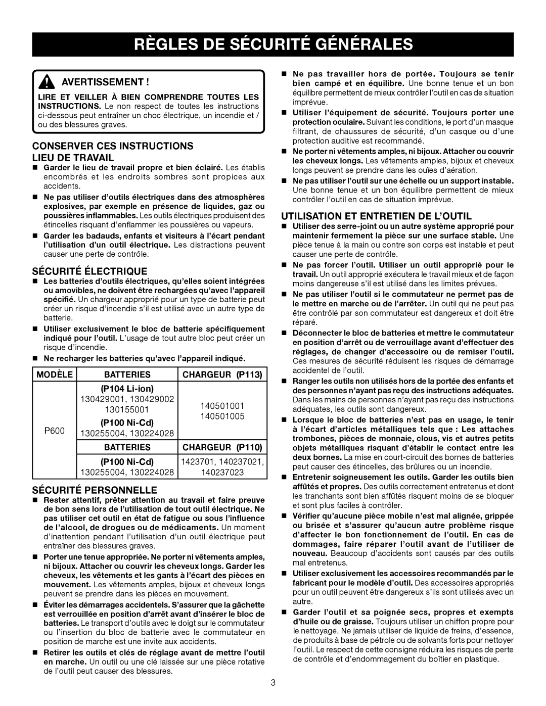 Ryobi P600 manual Règles DE Sécurité Générales 