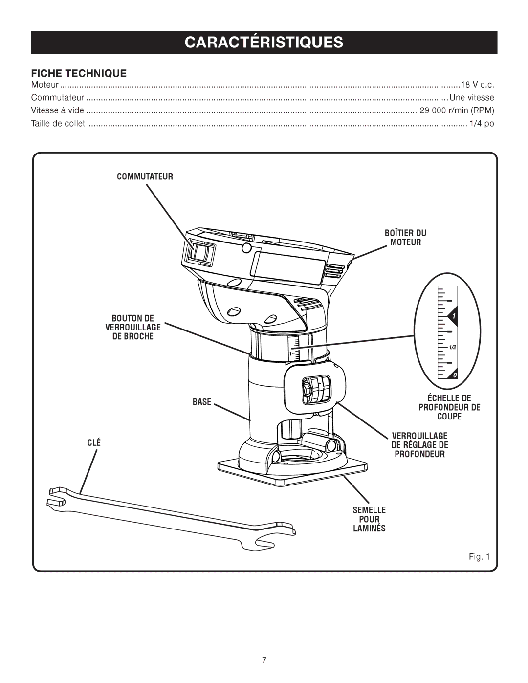 Ryobi P600 manual Caractéristiques, Fiche Technique, Clé, Semelle Pour Laminés 