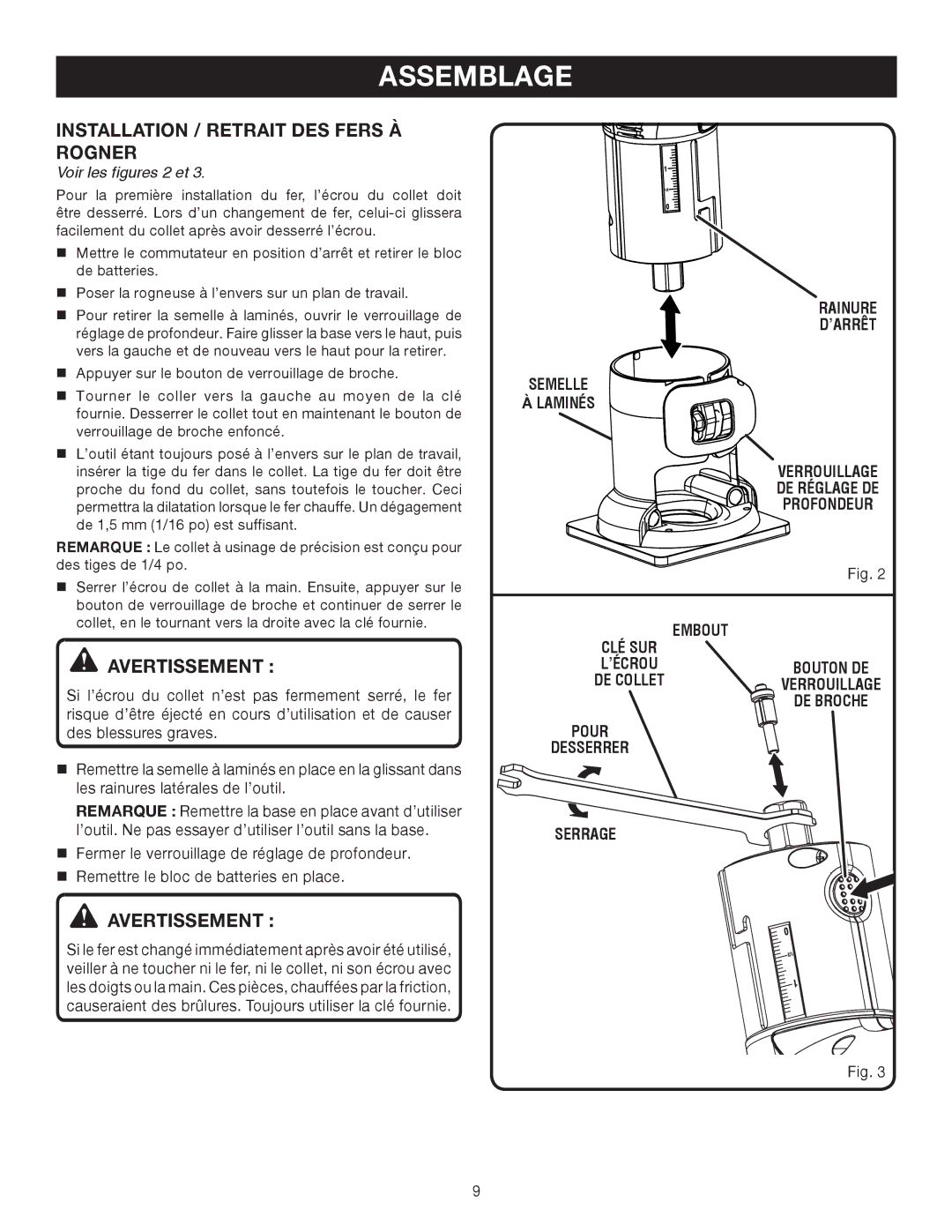 Ryobi P600 manual Installation / Retrait DES Fers À Rogner, Voir les figures 2 et, Serrage 