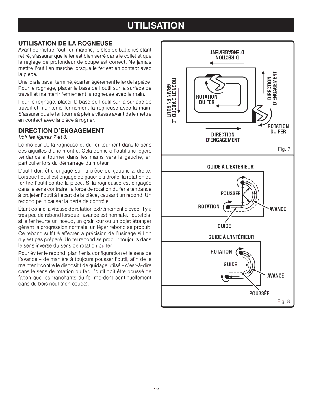 Ryobi P600 Utilisation DE LA Rogneuse, ’ENGAGEMENT Direction, Direction DU FER, ’ENGAGEMENT Guide À L’EXTÉRIEUR Poussée 