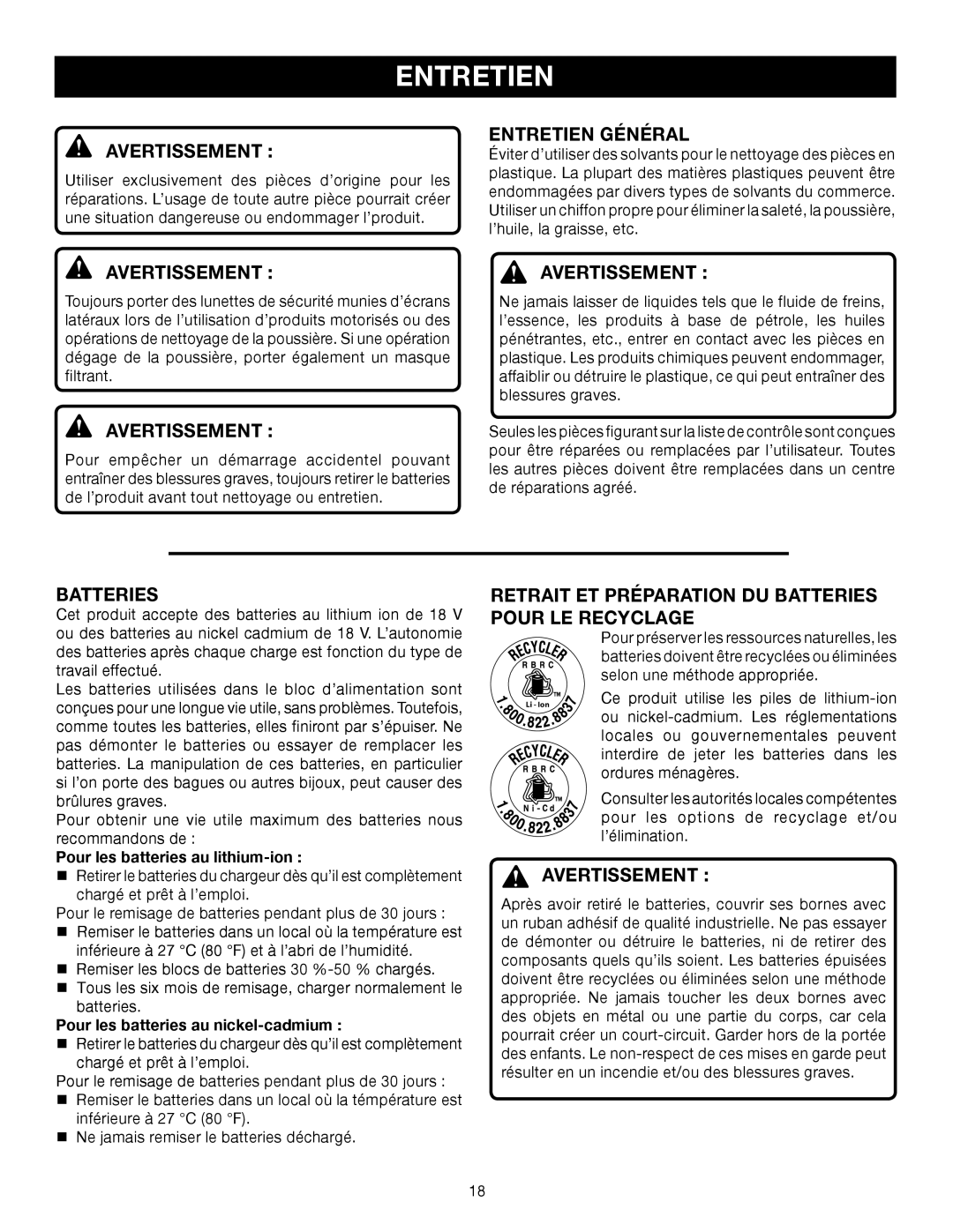 Ryobi P600 Entretien Général, Avertissement AVERTISSEMENT , Retrait ET Préparation DU Batteries Pour LE Recyclage 