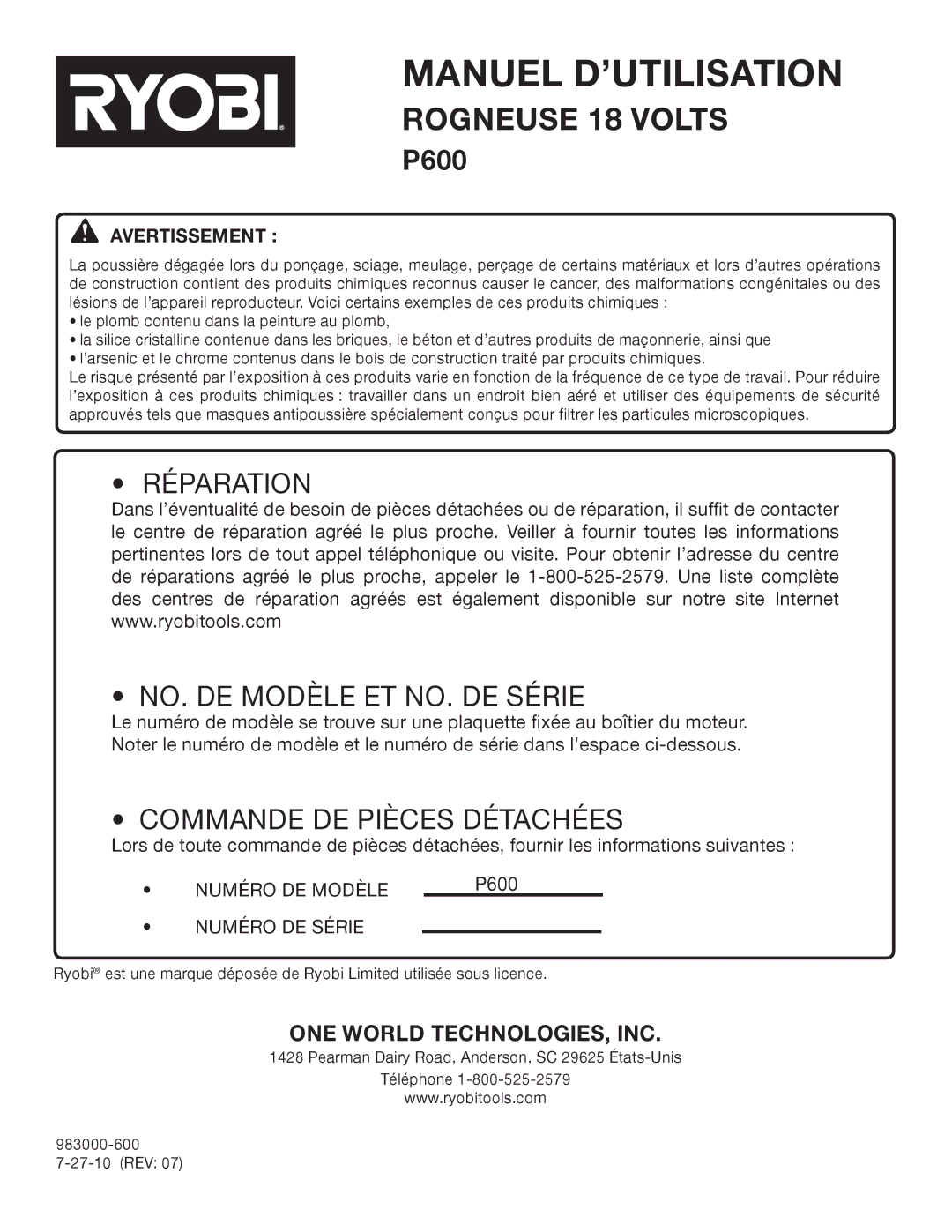 Ryobi P600 manual Réparation NO. DE Modèle ET NO. DE Série 