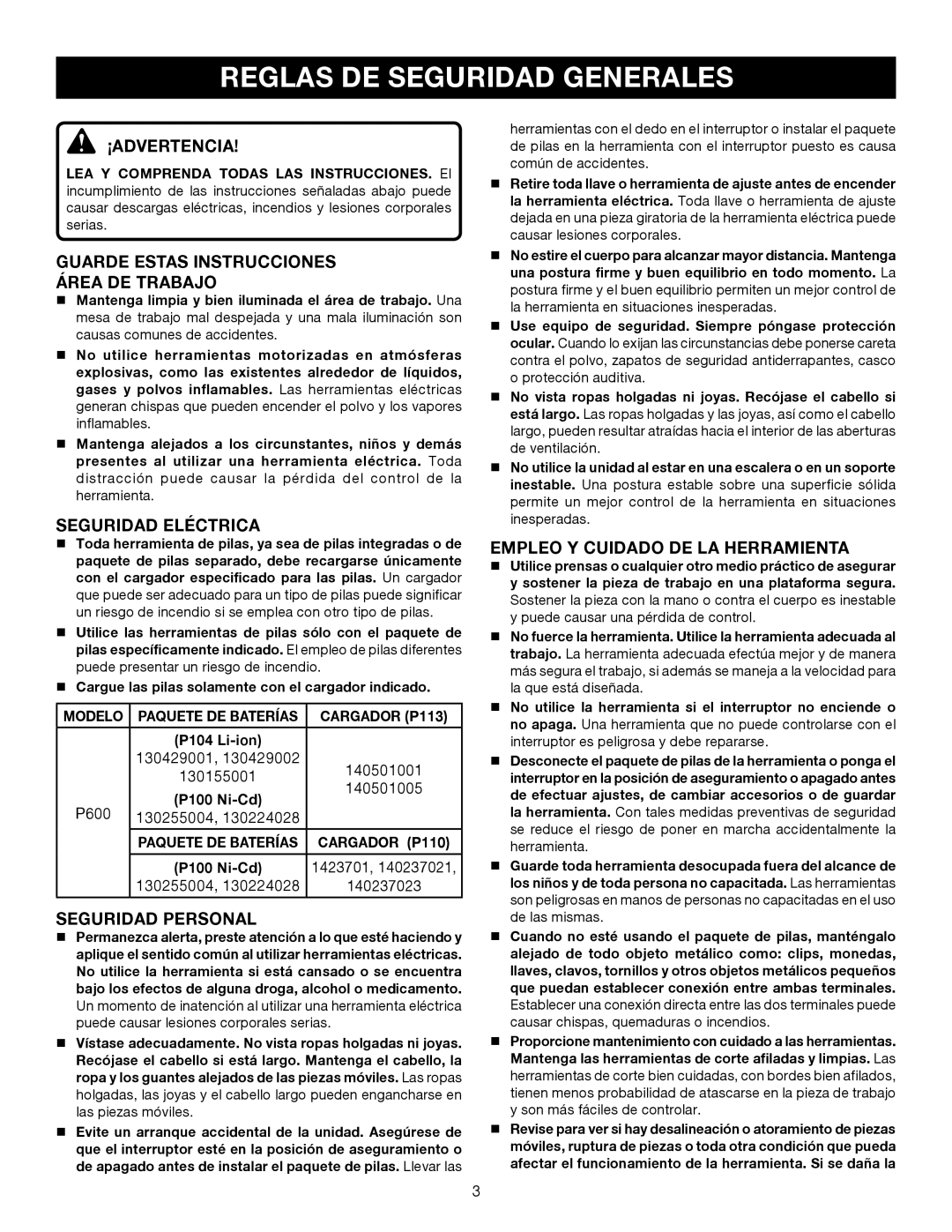 Ryobi P600 manual Reglas DE Seguridad Generales, ¡Advertencia, Seguridad Eléctrica, Seguridad Personal 