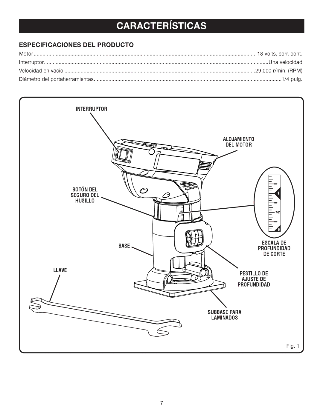 Ryobi P600 manual Características, Especificaciones DEL Producto, Llave, Subbase Para Laminados 